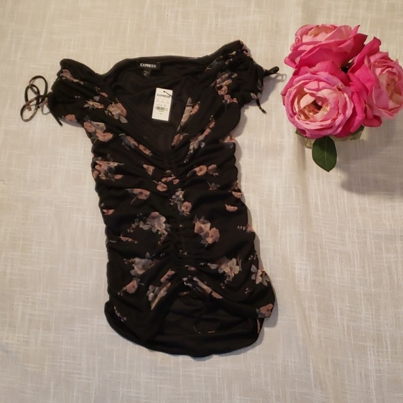 NWT Express Y2K Floral Off Shoulder Ruched Top - Picture 2 of 8